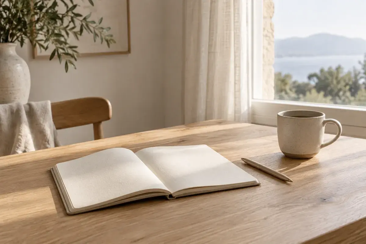 Masada açık bir defter ve yumuşak gün ışığı